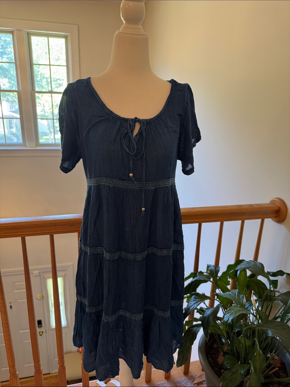 Navy Short-Sleeve Tiered Tie-Neck Midi Dress
